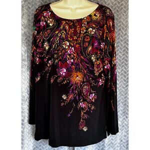 Susan Graver Liquid Knit Black tunic with Jewel tone Florals Size M Easy Care